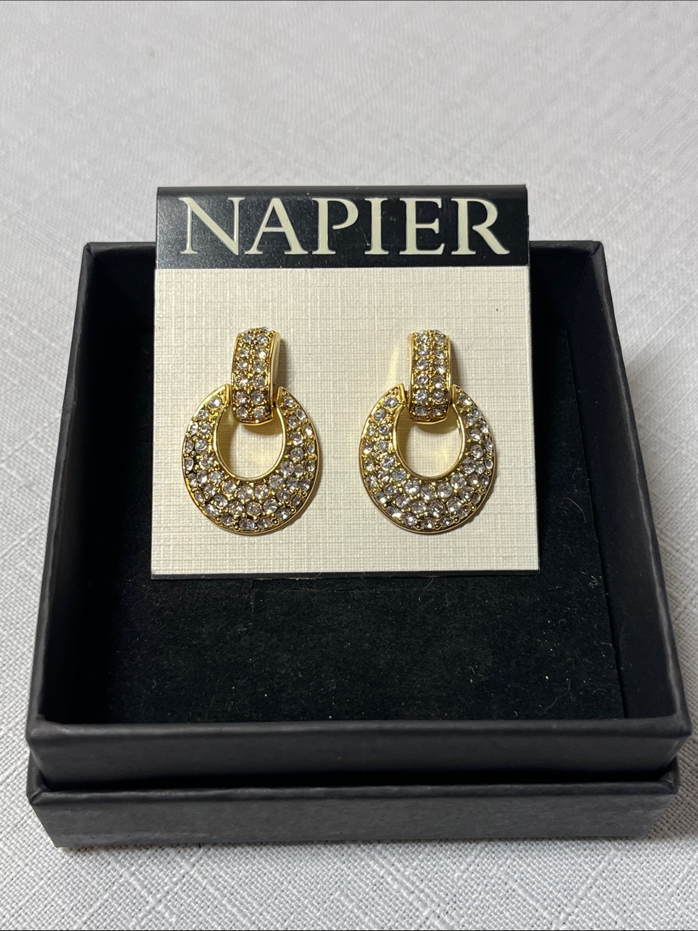 Vintage Napier Gold Crystal Pave Circular Drop Earrings. Studs for pierced ears